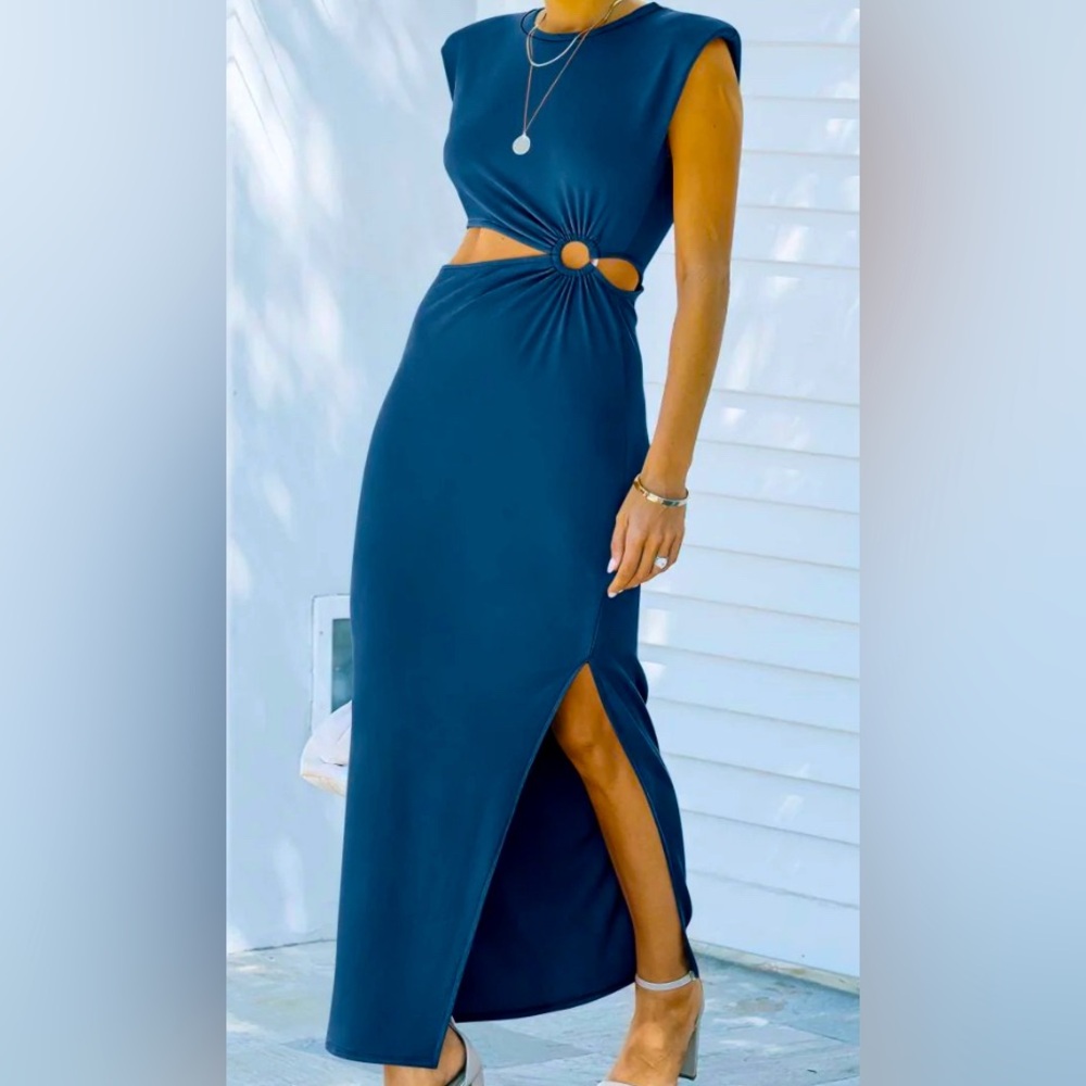 Blue Cap Shoulder Maxi Dress With Side Cut Outs And Front Slit